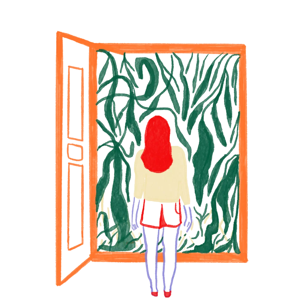 sketch of someone standing in front of an open door with a tangle of vines in front of them