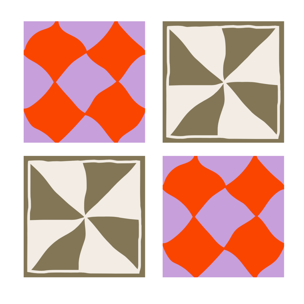 four squares arranged in a checkerboard pattern, alternating  bright red and purple in diamonds shapes, and sage green and cream in a spiral pattern