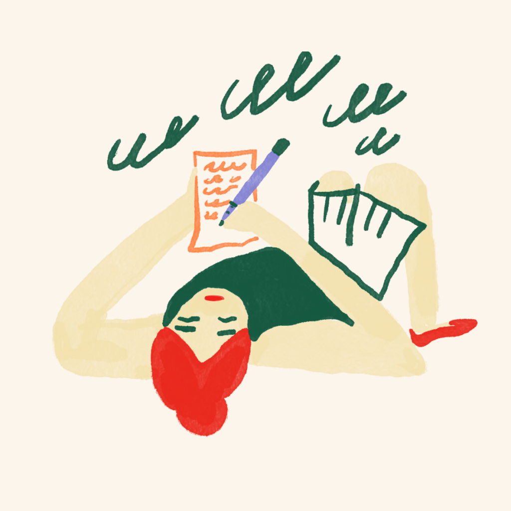 sketch of someone lying on the floor writing a letter