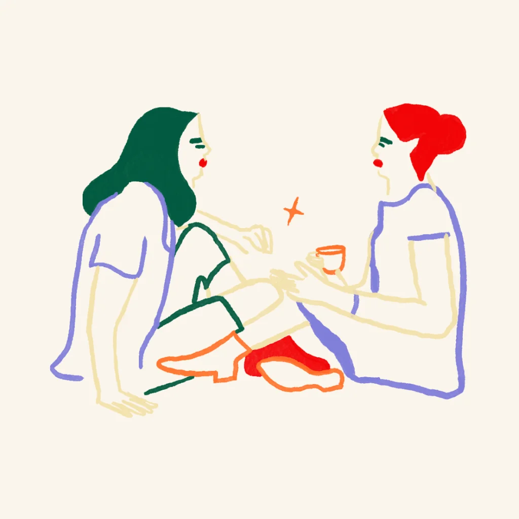 Sketch of two people sitting on the floor facing each other, in the middle of talking