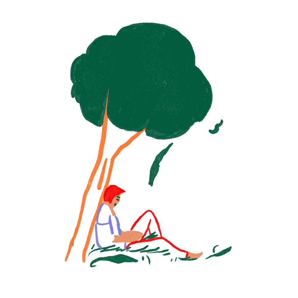 sketch of someone sitting at the base of a tree leaning in the wind